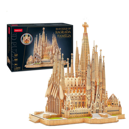 Le Cube Sagrada Familia Cathédrale LED Version du puzzle stéréo 3D Puzzle d'église difficile fabriqué à la main