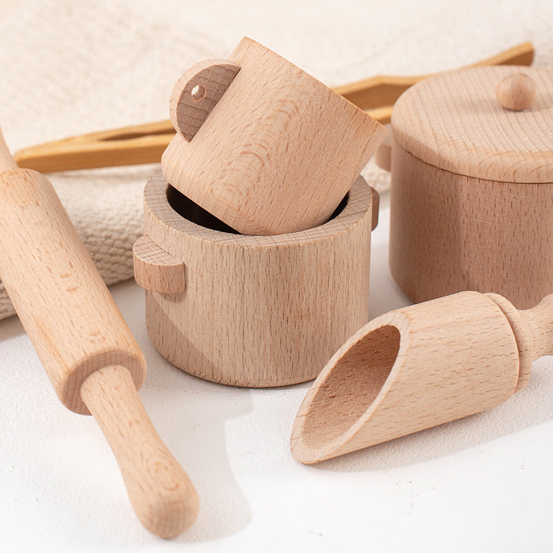 Casa de juegos para niños Beech Log, juego de té, caja sensorial, juego de utensilios de cocina para el té de la tarde