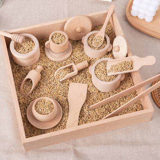 Casa de juegos para niños Beech Log, juego de té, caja sensorial, juego de utensilios de cocina para el té de la tarde