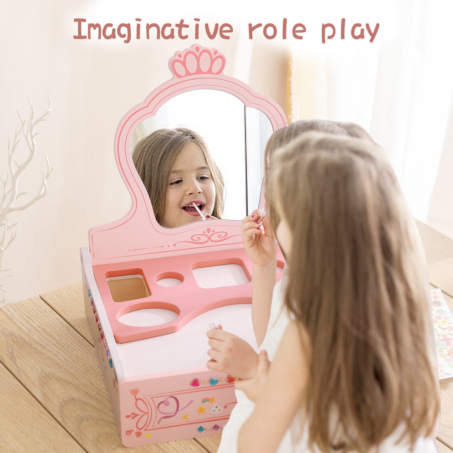 Girl Princess Play House Makeup Toys Small Dressing Table Wooden Children's Pink Mirror